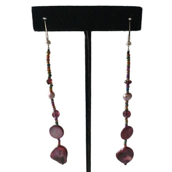 Metallic Shell Graduated Dangle Earrings‎ Glass Beads Handmade Coastal Beach 90s - Picture 4 of 16